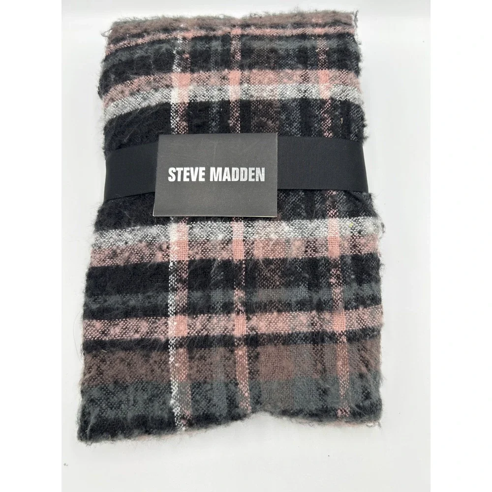 Steve Madden Plaid Scarf Black Pink Grey Oversized‎ Brushed Knit Winter Wrap